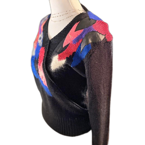 Lauren Cole vtg black blue pink abstract patchwork sweater with mohair Size M - Picture 3 of 7